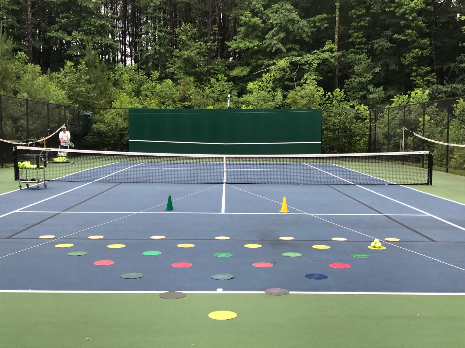 Training targets and equipment arranged across a tennis court