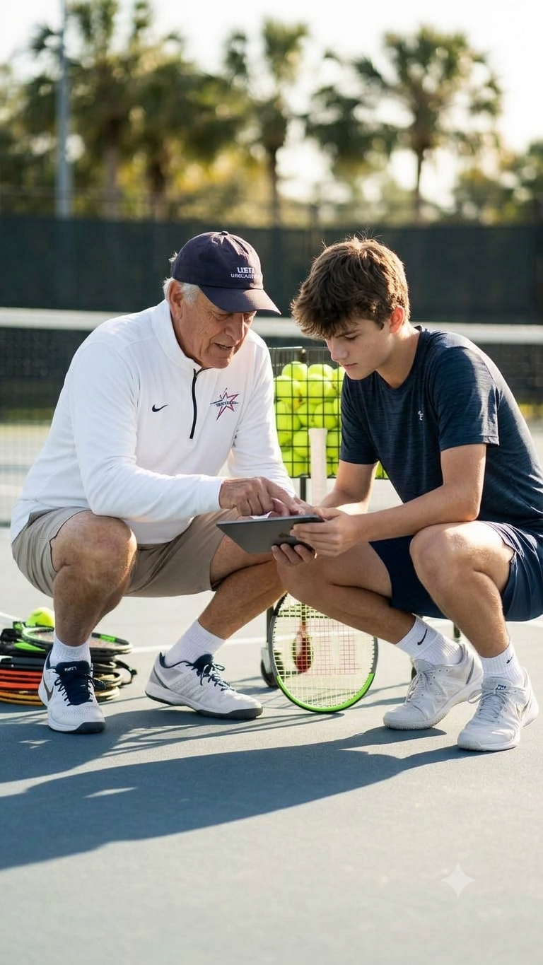 Tennis coach reviewing training with a player